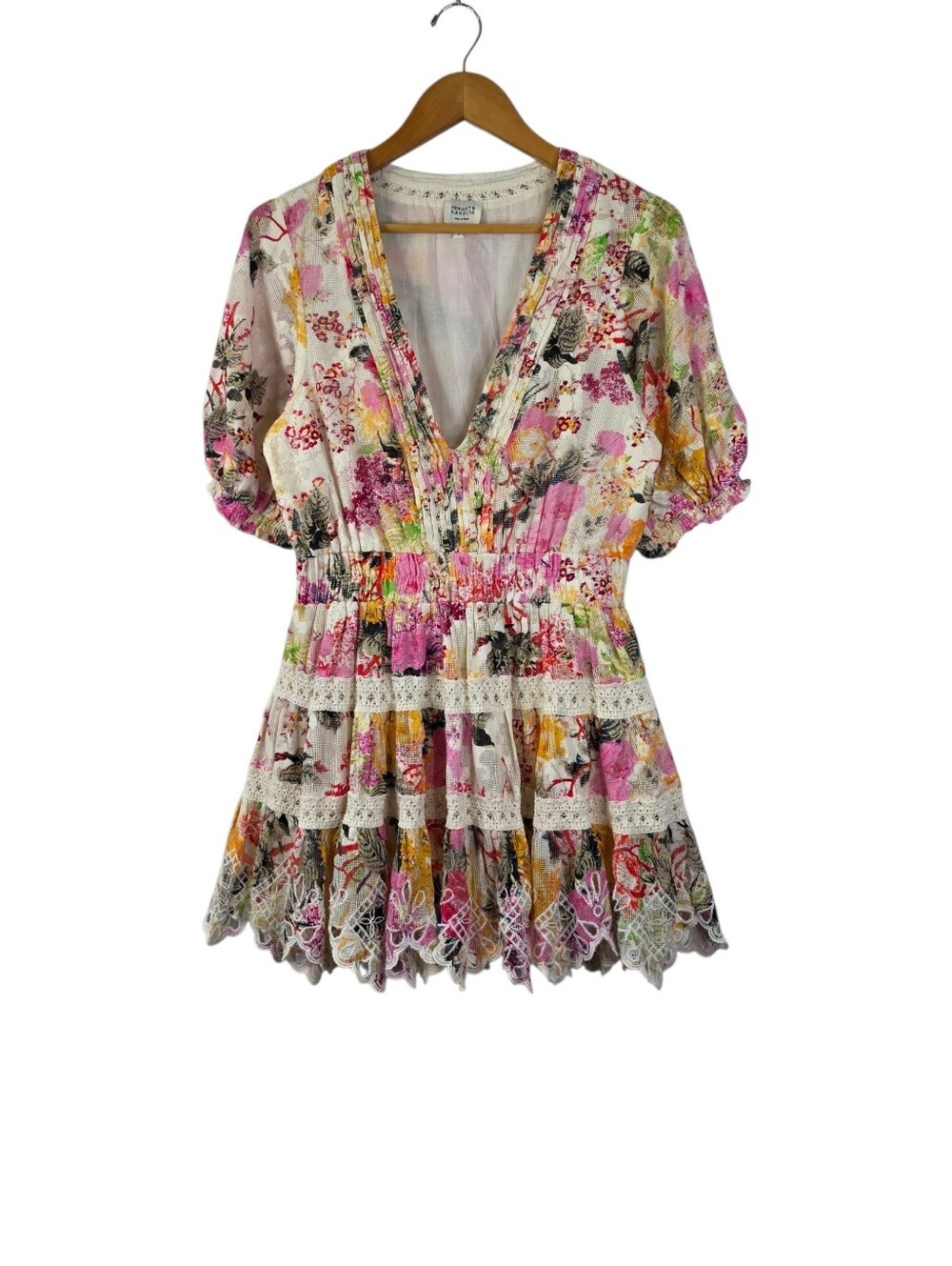 Hemant and Nandita Large Maya Puff 3/4 Sleeve Floral Mini Dress Boho Lace Eyelet